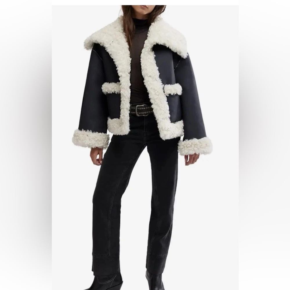 NWOT Free People Kiki Sherpa Jacket in Black Combo Women's Size Large $248